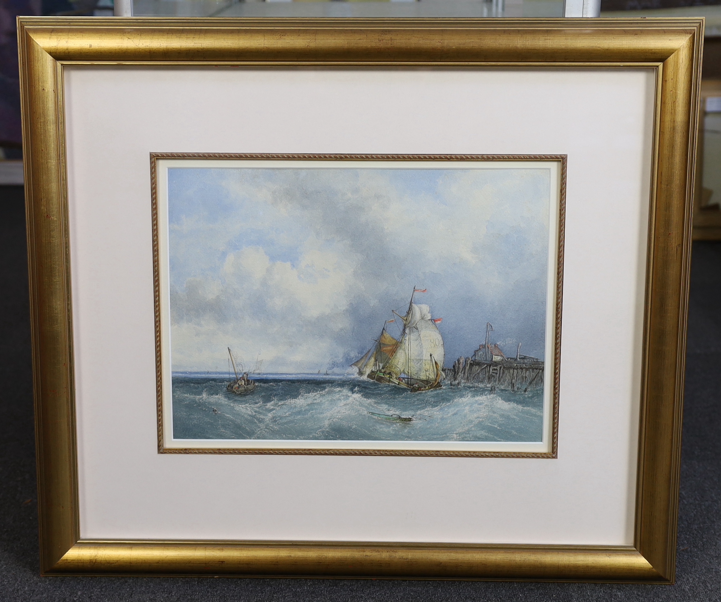 James Webb (English, 1825-1895), 'Off Dunkerque', watercolour, 35 x 47cm, housed in a later frame but with the original frame and label retained